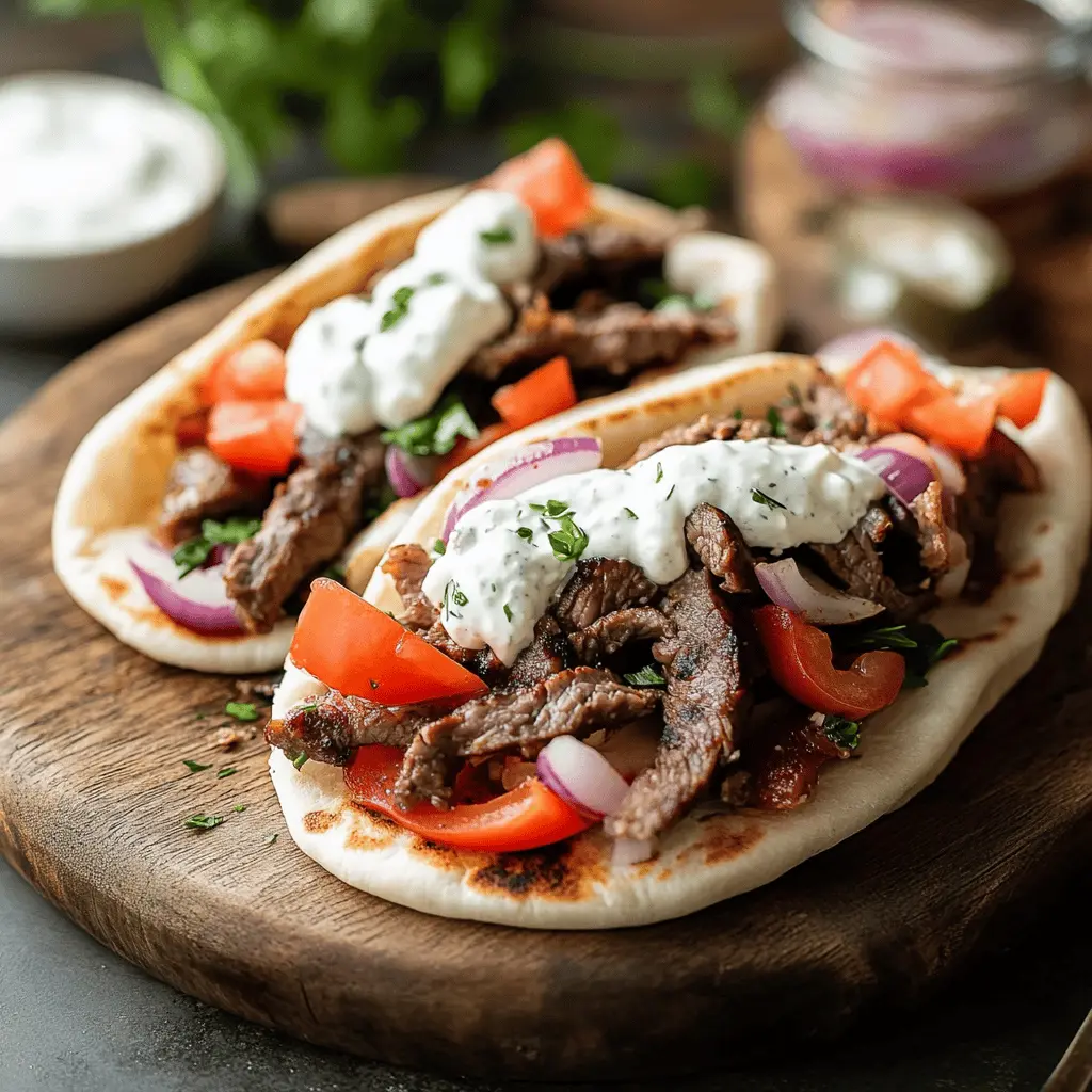 Enjoy a delicious Beef Gyros that’s packed with flavor and super easy to make at home! Tender slices of beef marinated in aromatic spices and grilled to perfection, all wrapped up in warm pita with fresh veggies and creamy tzatziki. Perfect for dinner or a fun gathering! Save this recipe now and impress your friends with this Mediterranean classic!