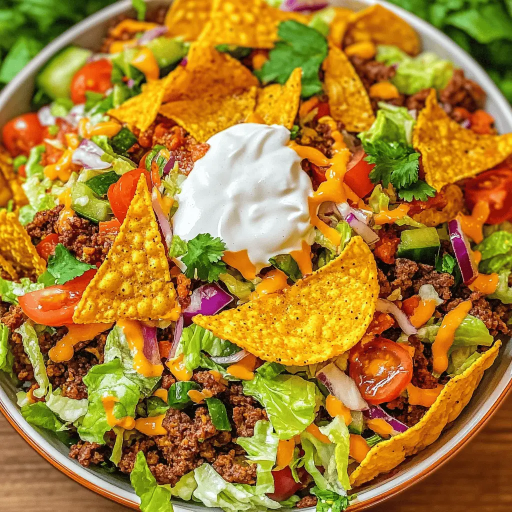 Get ready for a fun twist on classic taco night with this easy Doritos Taco Salad! Bursting with zesty flavors, this salad features crunchy Doritos, seasoned beef, creamy dressing, and fresh veggies for a perfect blend of textures. Ideal for potlucks or a family dinner, save this recipe today and turn mealtime into a fiesta!