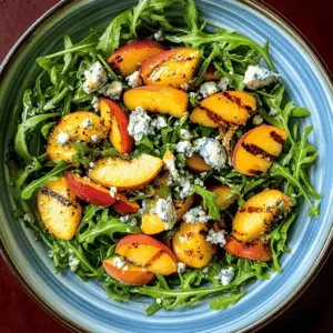 Fresh summer flavors come alive in this Grilled Peach and Arugula Salad with Blue Cheese! Juicy peaches caramelized on the grill pair perfectly with peppery arugula and bold blue cheese crumbles. Perfect for a picnic, BBQ, or light lunch, this salad is a delightful mix of sweet and savory. Save this recipe to impress your friends at your next gathering!