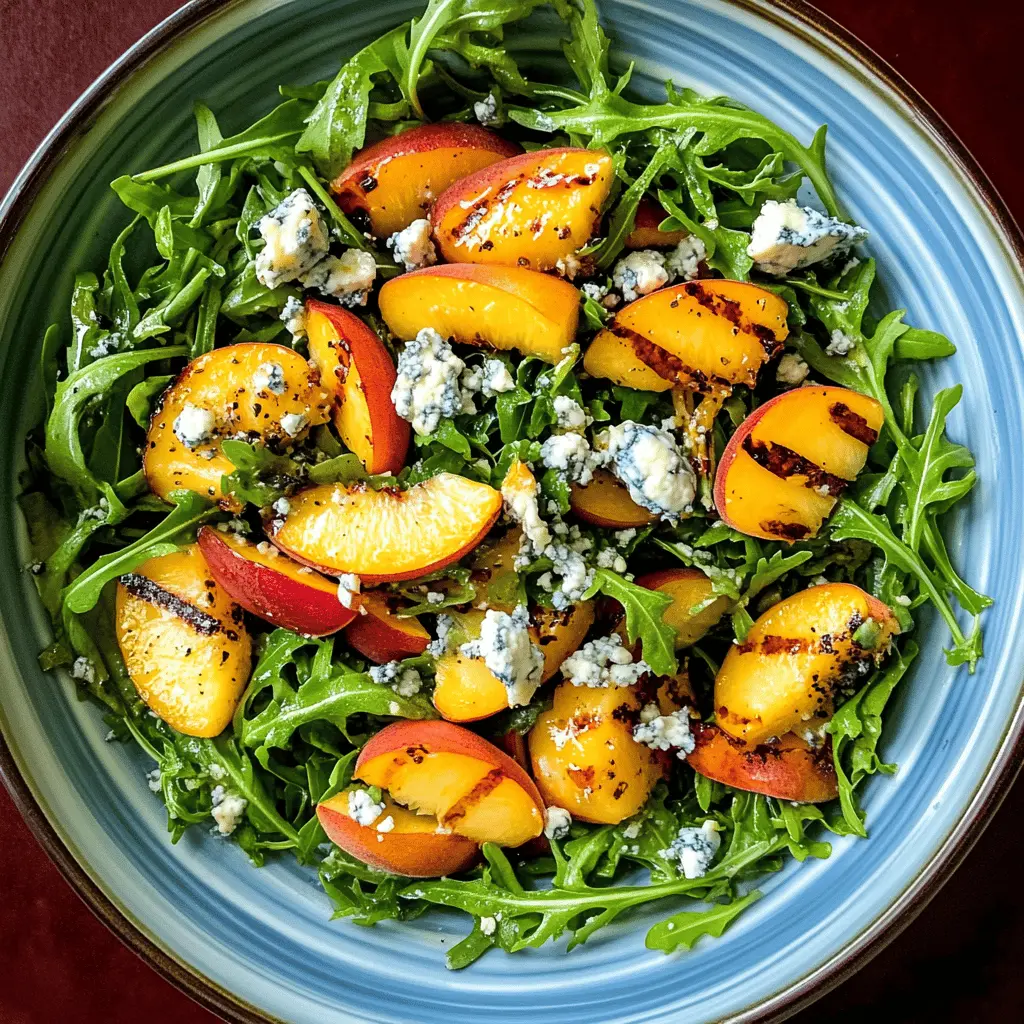 Fresh summer flavors come alive in this Grilled Peach and Arugula Salad with Blue Cheese! Juicy peaches caramelized on the grill pair perfectly with peppery arugula and bold blue cheese crumbles. Perfect for a picnic, BBQ, or light lunch, this salad is a delightful mix of sweet and savory. Save this recipe to impress your friends at your next gathering!