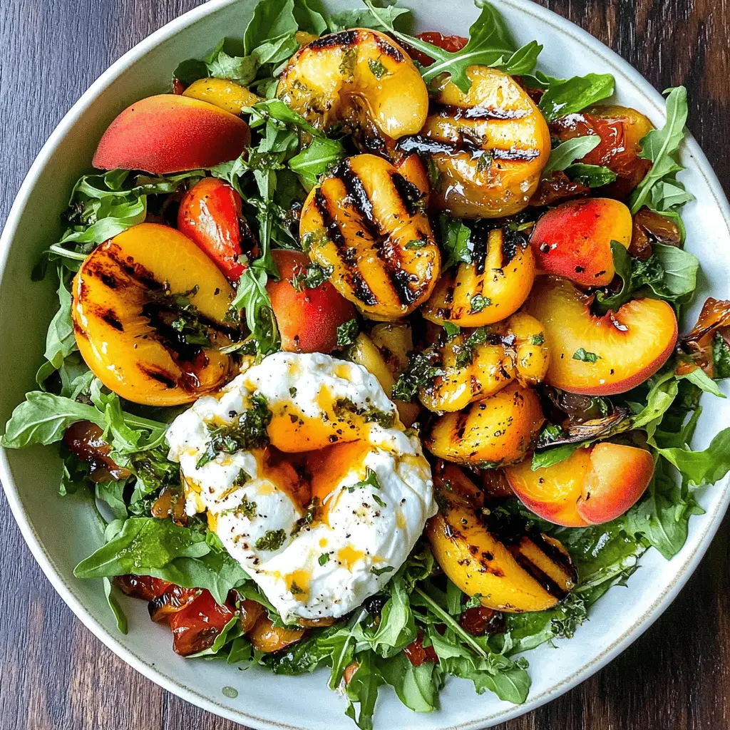 This Grilled Peach and Burrata Salad is a delightful blend of sweet and creamy. The juicy grilled peaches pair perfectly with rich burrata cheese, fresh arugula, and a drizzle of balsamic glaze. Ideal for summer picnics or dinner parties, this salad is a must-try! Save this recipe to impress your guests with a refreshing and colorful dish!