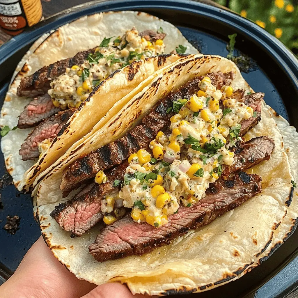 Get ready to tantalize your taste buds with these Grilled Steak Elote Tacos! Juicy steak, grilled to perfection, paired with creamy elote-inspired toppings, brings a burst of flavor in every bite. Perfect for taco night or a summer barbecue, these tacos are sure to impress everyone. Save this recipe to enjoy an unforgettable meal with family and friends!
