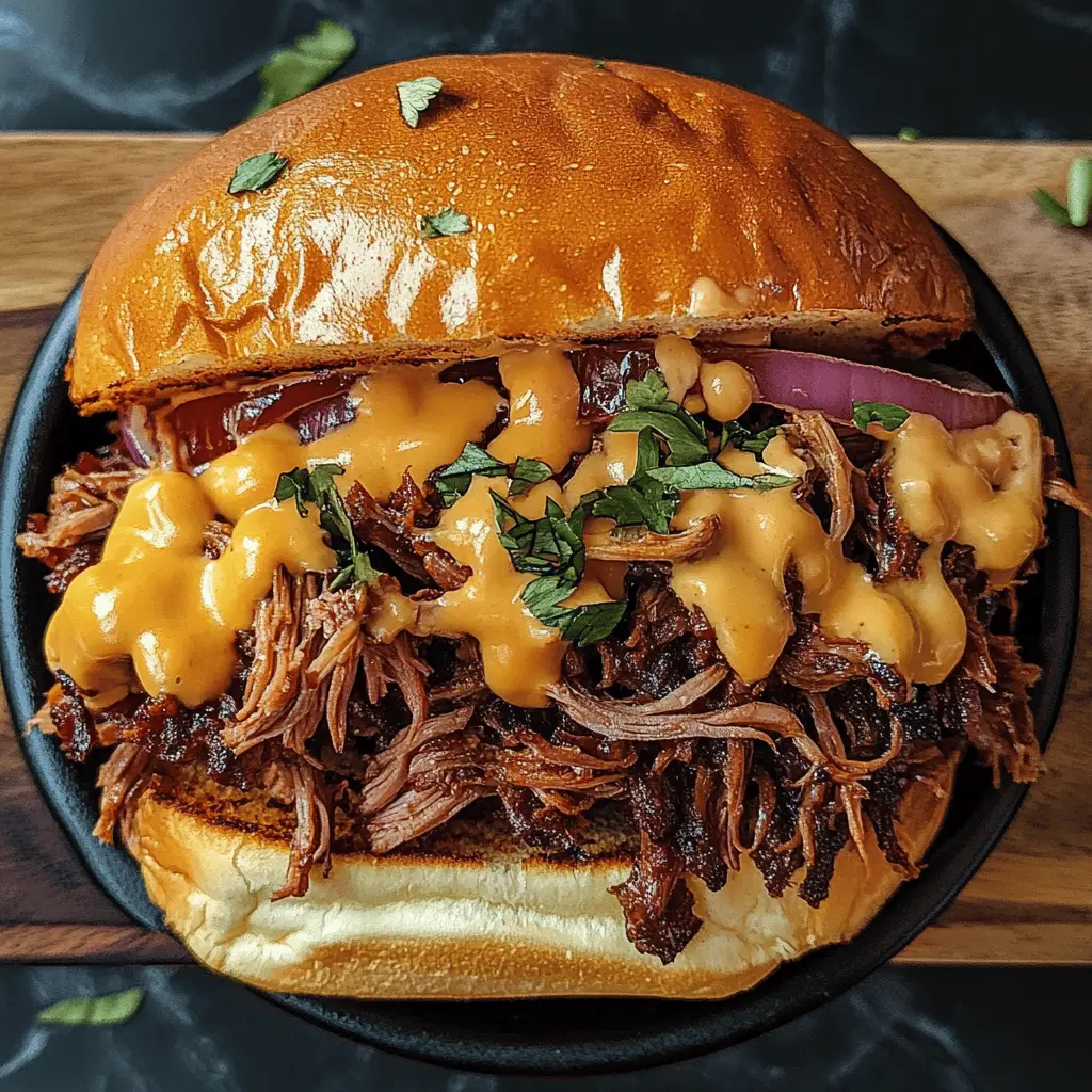 Get ready for a mouthwatering Pulled Beef Sandwich that’s perfect for any gathering! This recipe features tender, slow-cooked beef that's infused with rich flavors, topped with tangy BBQ sauce, and served on a soft bun. Save this pin for your next party or casual dinner—your friends and family will love it!