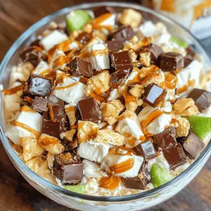 This Snickers Salad combines crunchy Snickers bars, tart apples, creamy vanilla pudding, and fluffy Cool Whip for a delightful treat! Perfect as a potluck dish or a fun dessert at gatherings, it’s sure to impress both kids and adults alike. Save this pin to enjoy this sweet and crunchy salad at your next event!
