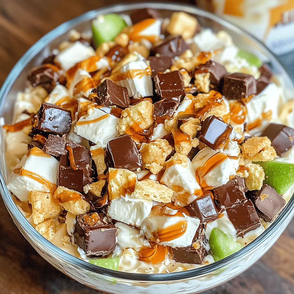 This Snickers Salad combines crunchy Snickers bars, tart apples, creamy vanilla pudding, and fluffy Cool Whip for a delightful treat! Perfect as a potluck dish or a fun dessert at gatherings, it’s sure to impress both kids and adults alike. Save this pin to enjoy this sweet and crunchy salad at your next event!