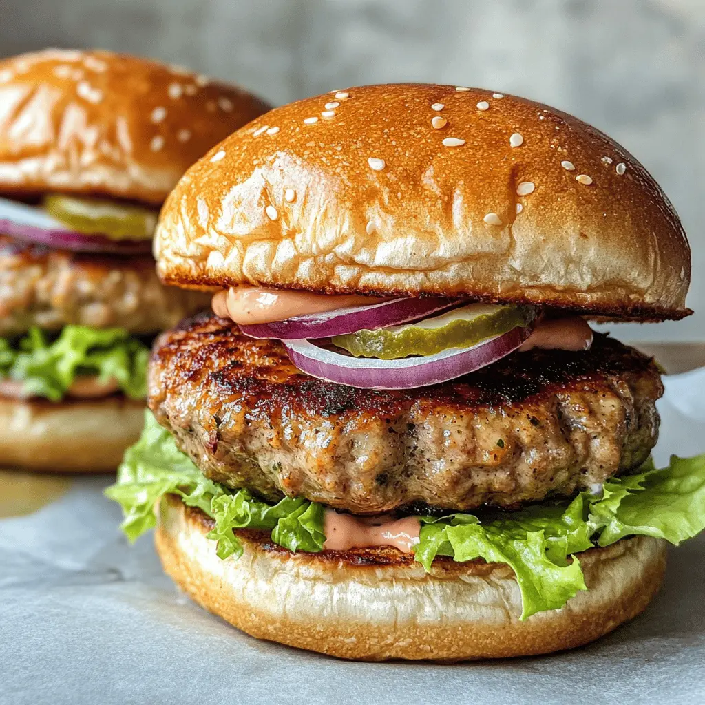 Juicy turkey burgers made with fresh herbs and spices that the whole family will love. These flavorful patties are a healthier alternative to traditional beef burgers and are perfect for grilling season! Save this recipe for your next cookout or casual weeknight dinner. Enjoy them with your favorite toppings and sides!