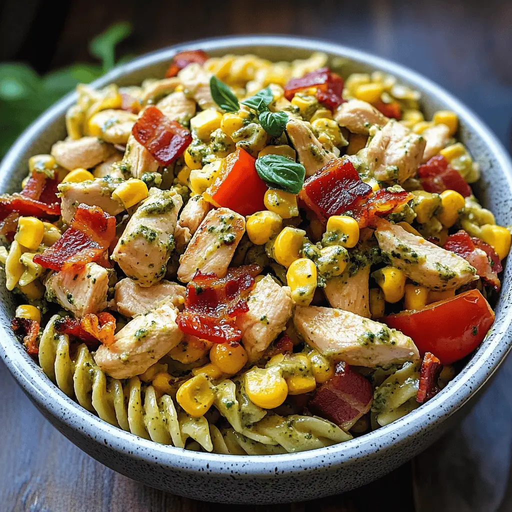 Easy Chicken Corn Pasta Salad with Bacon and Creamy Pesto