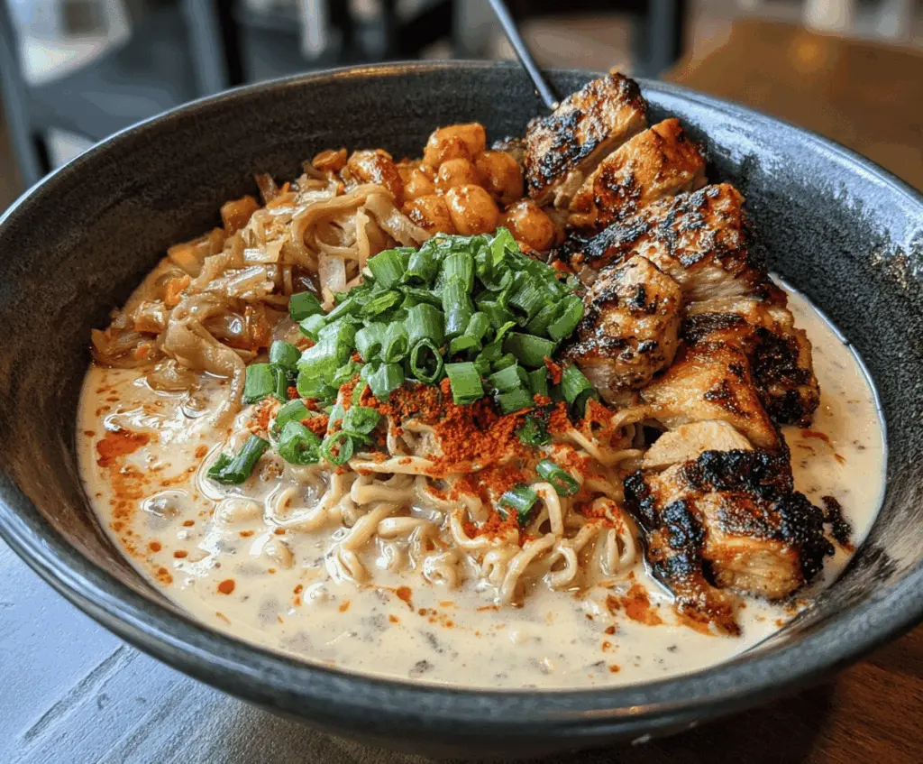 Fiery Chicken Ramen with Creamy Garlic Sauce