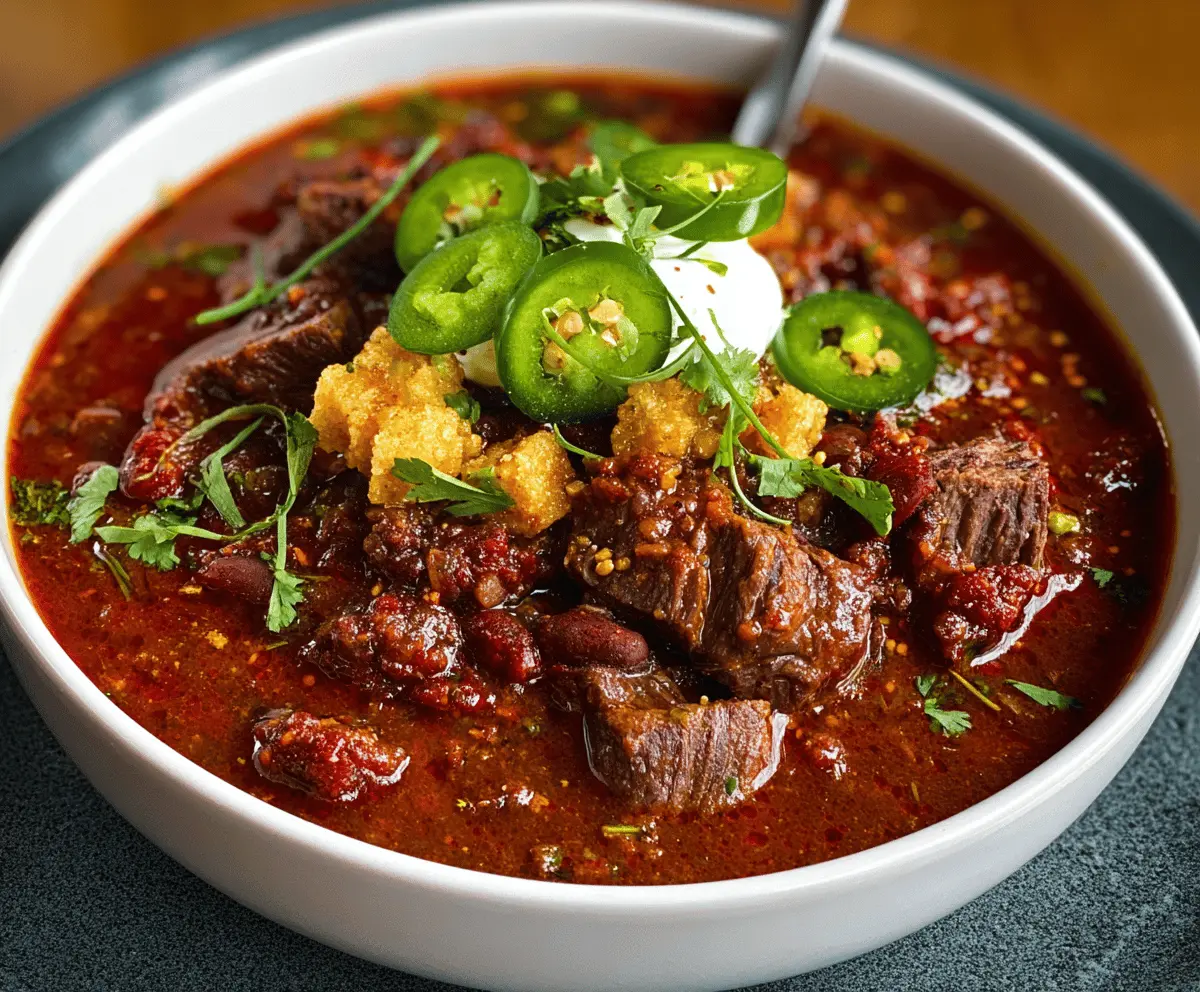 Hearty award-winning short rib and chorizo chili topped with fresh herbs and served in a bowl