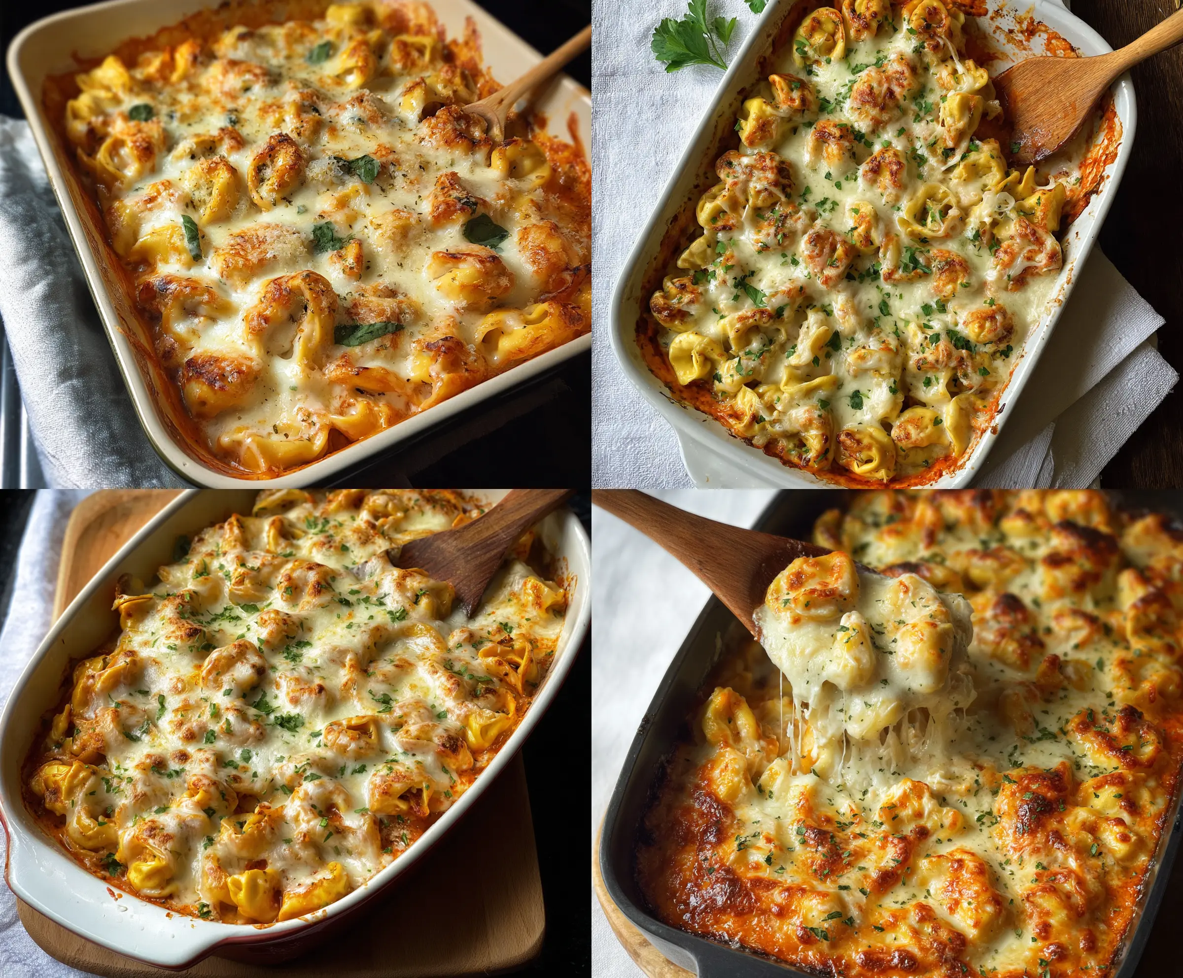 Creamy baked Alfredo tortellini topped with melted cheese and fresh herbs, served in a white dish for a delicious and comforting Italian-inspired meal.