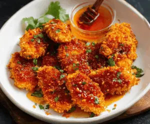 Crispy baked hot honey chicken bites on a plate with a dipping sauce, garnished with green herbs, showcasing a flavorful and crunchy appetizer