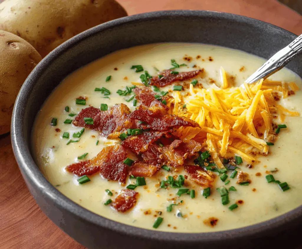 Creamy baked potato soup topped with shredded cheese and chopped green onions in a bowl