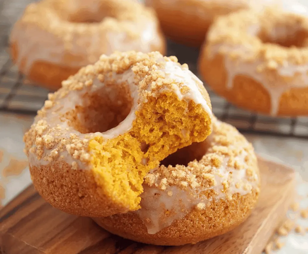 Delicious baked pumpkin cake donuts topped with cinnamon glaze on a rustic plate, perfect for fall desserts