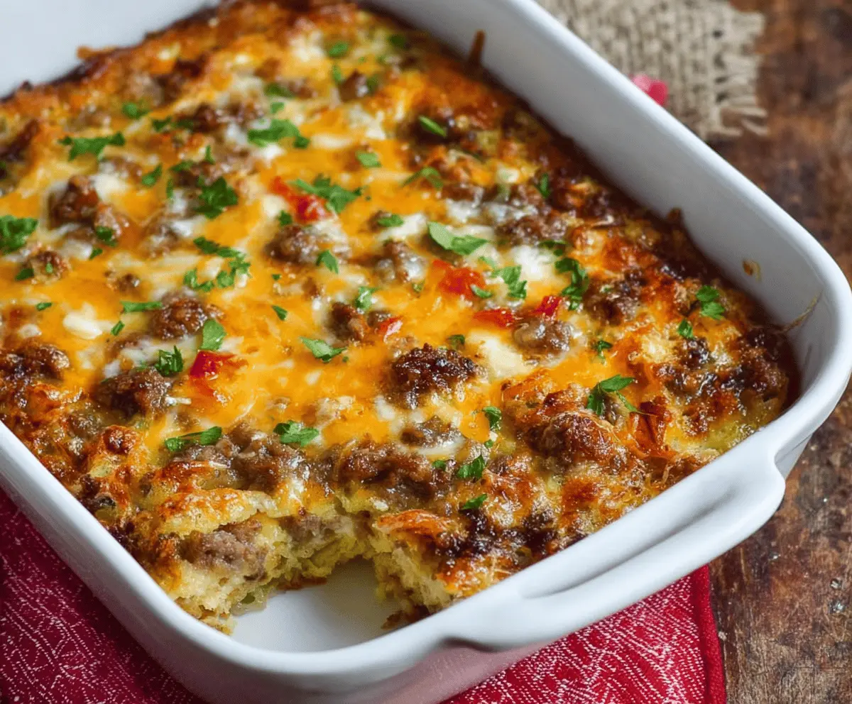 Delicious breakfast casserole with sausage and crispy hash browns served on a plate