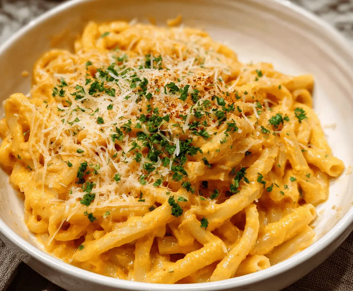 Creamy butternut squash pasta sauce served over al dente pasta, garnished with fresh herbs and Parmesan cheese for a delicious, healthy vegetarian meal.