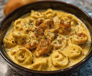 Creamy Cajun Garlic Chicken Tortellini with Three-Cheese Sauce, topped with fresh herbs and sliced chicken in a delicious pasta dish