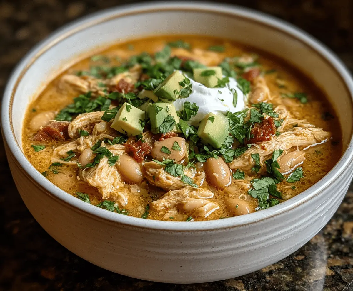Creamy Cajun white chicken chili served in a bowl with shredded chicken, white beans, corn, and garnished with fresh herbs and spicy seasonings.