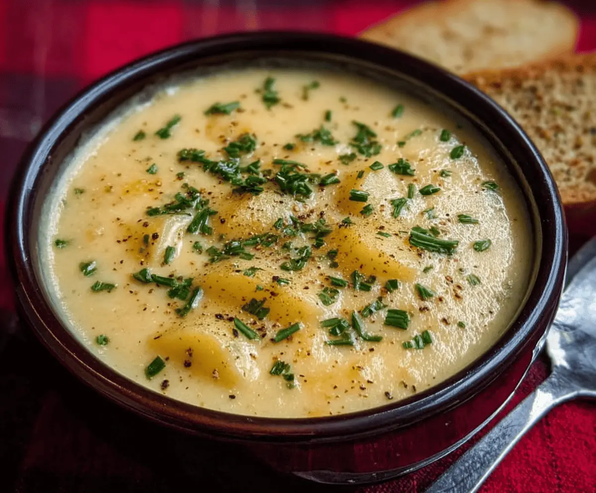 Creamy Cheddar Garlic Herb Potato Soup in a bowl topped with fresh herbs and melted cheese, perfect for a comforting meal.