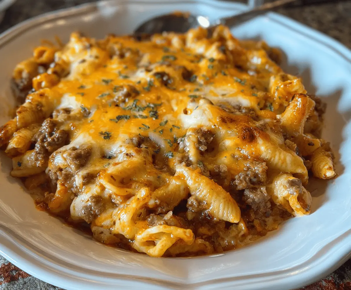Delicious cheesy hamburger casserole bake with ground beef, melted cheese, and savory toppings, perfect for busy weeknight dinners.