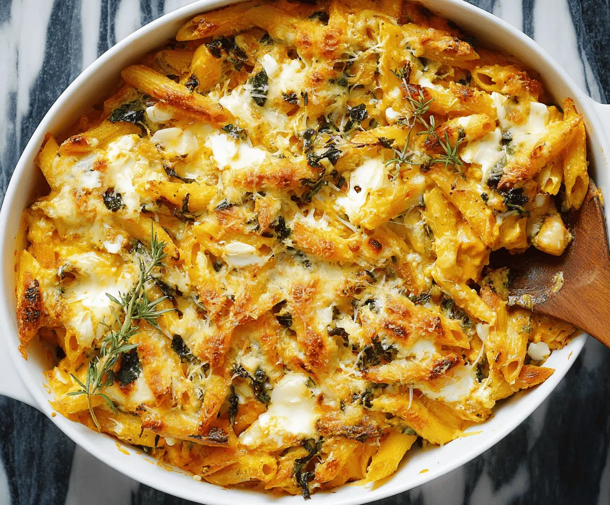 Creamy cheesy pumpkin ricotta pasta bake topped with melted cheese and fresh herbs, ready to serve as a comforting fall dinner.