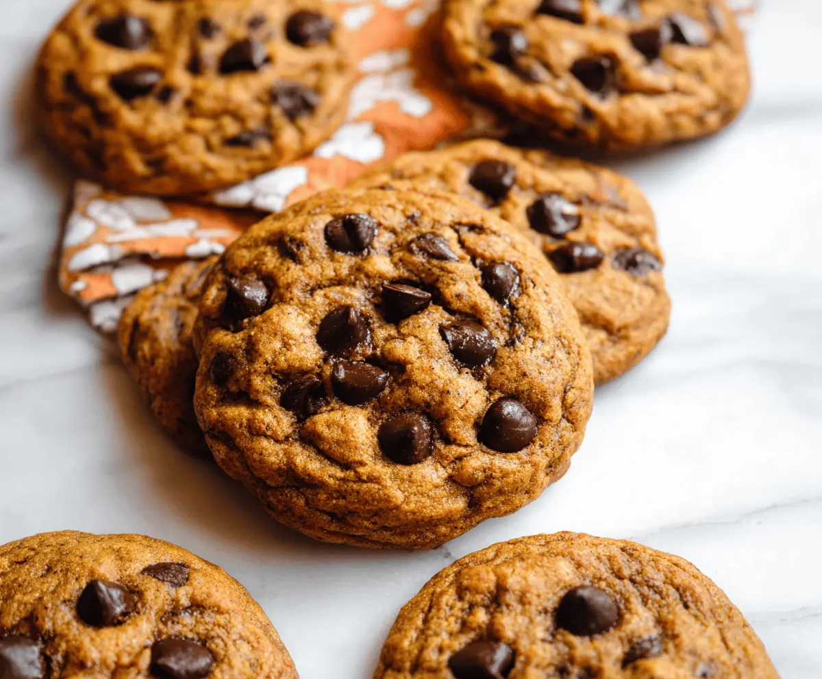 Homemade chewy pumpkin chocolate chip cookies on a baking sheet with chocolate chunks and pumpkin puree, perfect for fall baking