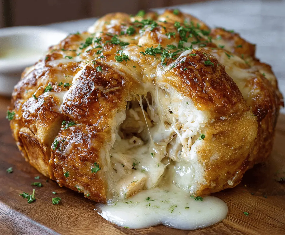 Delicious Chicken Alfredo Monkey Bread creation featuring flaky bread rolls, creamy Alfredo sauce, and tender chicken pieces, perfect for a flavorful appetizer or main dish.