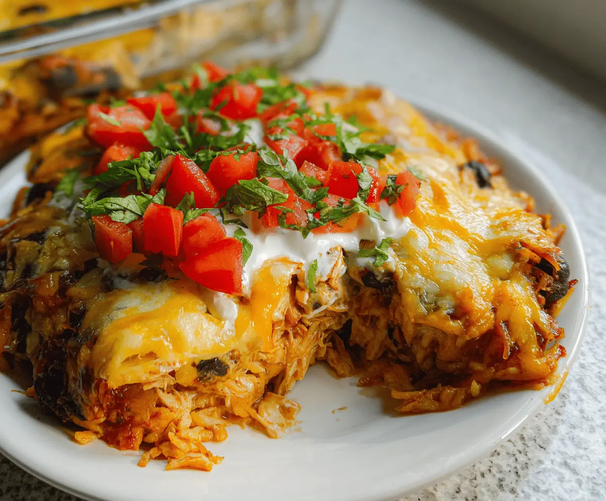 Delicious Chicken Burrito Casserole topped with melted cheese, fresh cilantro, and sliced jalapeños, served in a baked dish with flavorful ingredients