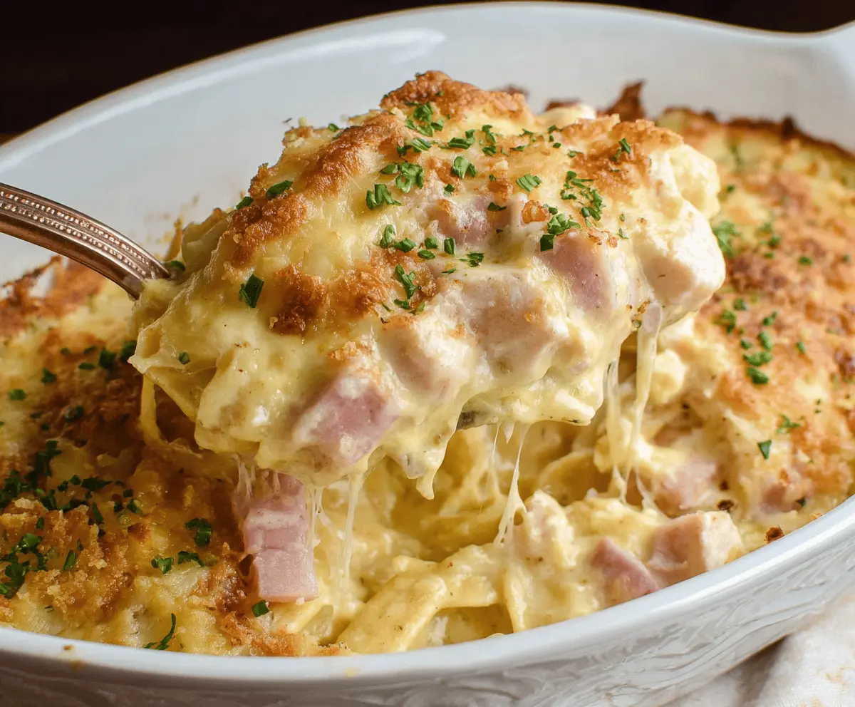 Delicious Chicken Cordon Bleu Casserole with crispy breaded chicken, ham, melted cheese, and golden baked topping served in a casserole dish
