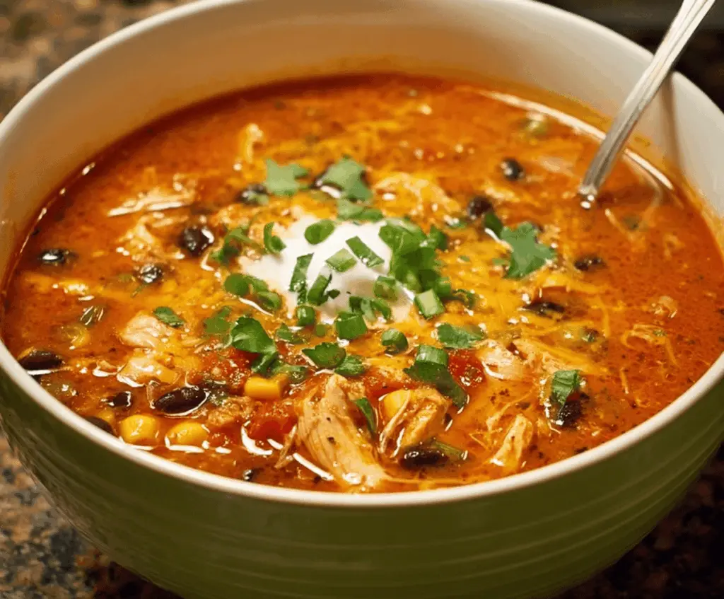 Creamy Chicken Enchilada Soup with melted cheese, shredded chicken, and fresh cilantro in a bowl, perfect for a flavorful and comforting meal.