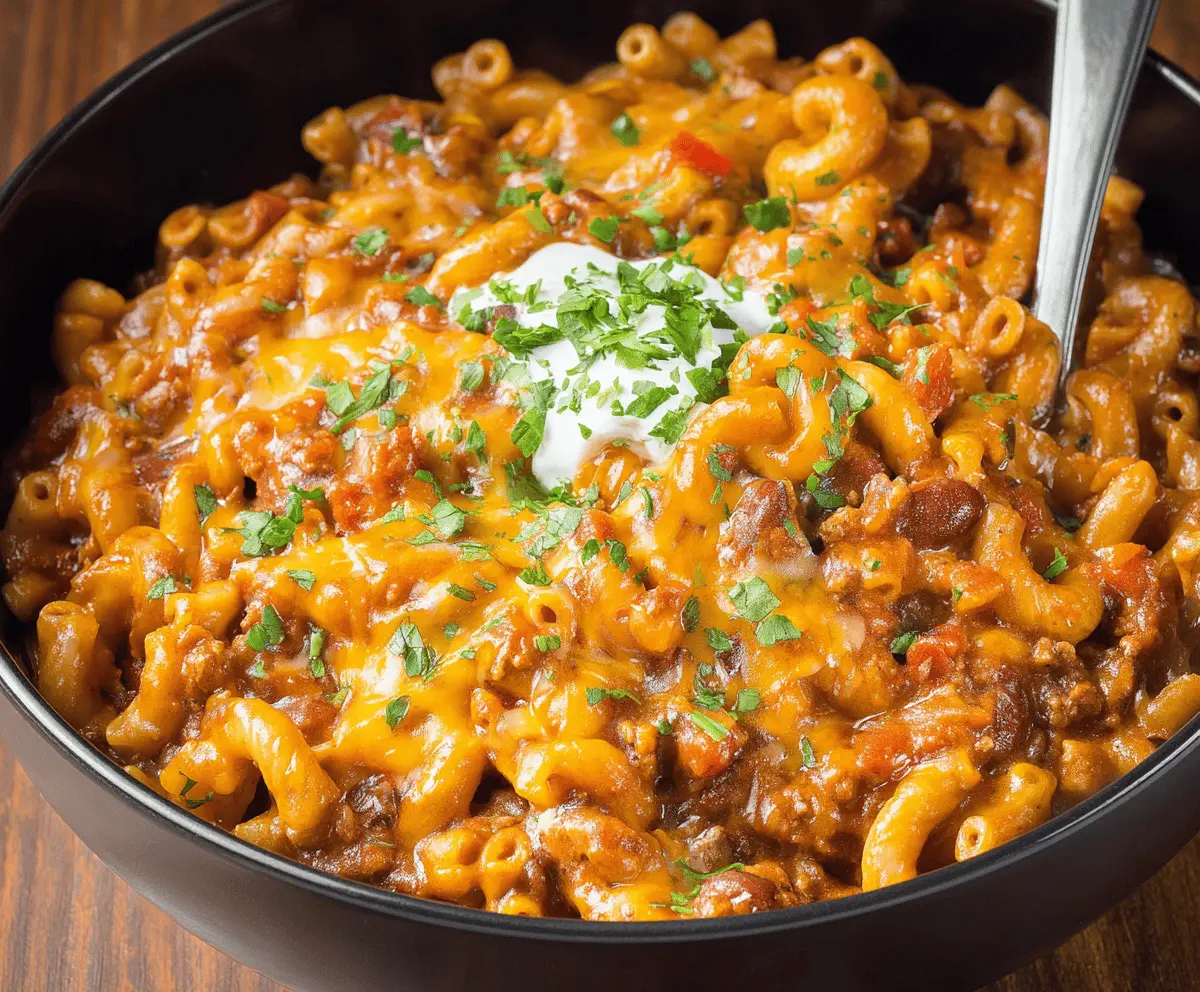 Delicious homemade chili mac with seasoned ground beef, pasta, melted cheese, and spicy chili sauce served in a bowl