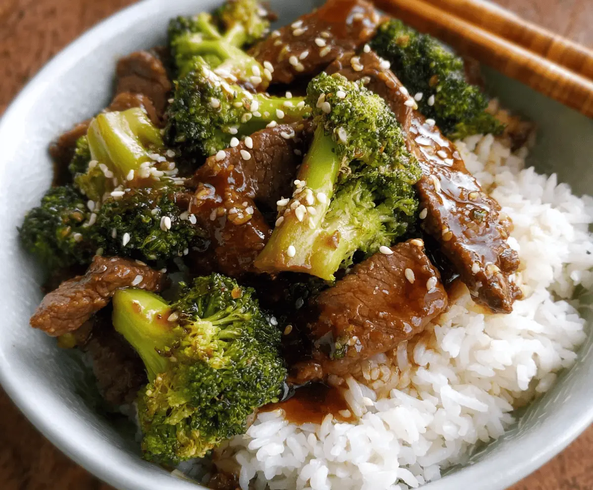 Delicious Chinese Beef and Broccoli Stir Fry served on a white plate with vibrant green broccoli and tender beef slices, garnished with sesame seeds