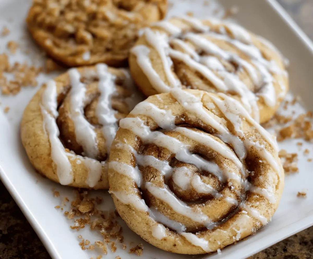 Delicious cinnamon roll-inspired sugar cookie treats topped with cinnamon glaze and swirled icing, perfect for a sweet dessert or snack.