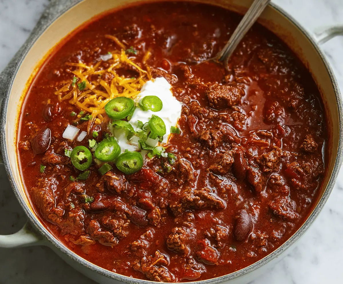A steaming bowl of hearty classic beef chili topped with shredded cheese, fresh herbs, and a side of cornbread on a rustic wooden table.