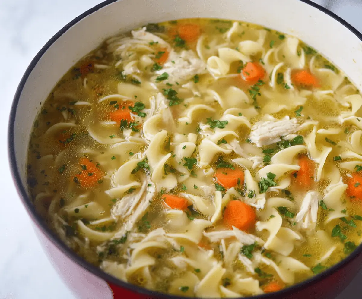 Creamy and comforting CopyCat Panera Bread Chicken Noodle Soup with tender chicken, vegetables, and noodles in a flavorful broth