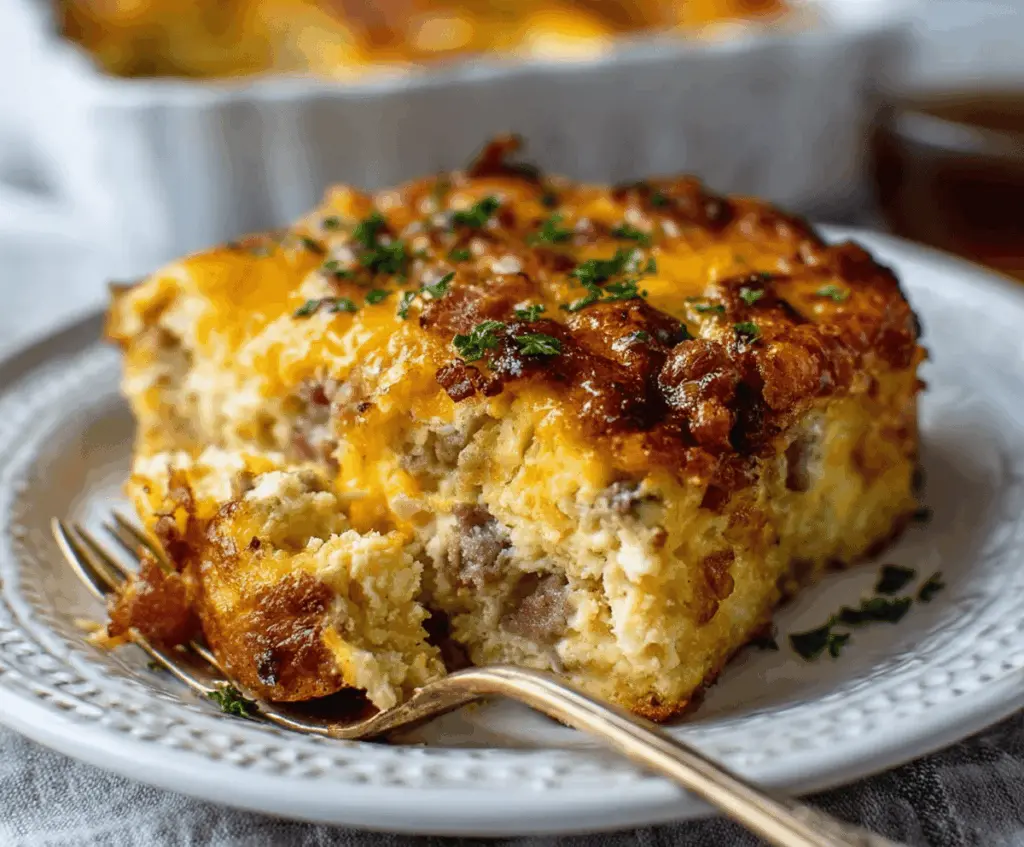 Delicious Crack Breakfast Casserole featuring eggs, cheese, sausage, and hash browns baked to perfection for a hearty morning meal.