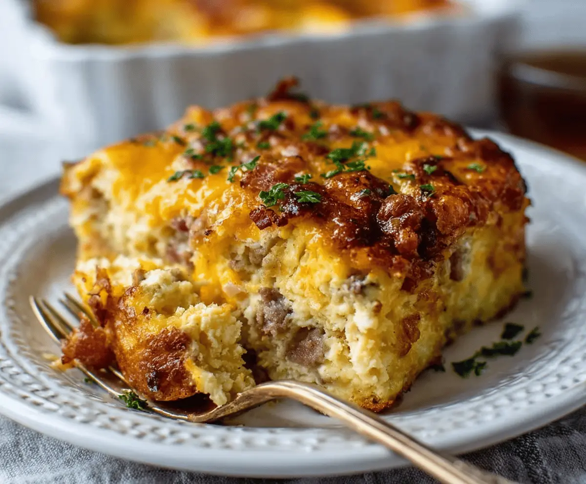 Delicious Crack Breakfast Casserole featuring eggs, cheese, sausage, and hash browns baked to perfection for a hearty morning meal.
