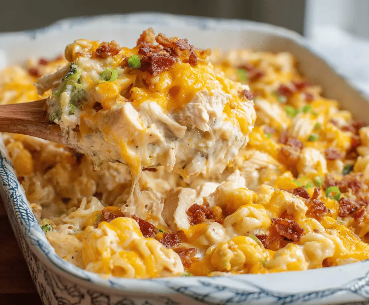 Creamy Crack Chicken Casserole with shredded chicken, crispy bacon, melted cheese, and green onions in a baked casserole dish, perfect for a comforting meal.