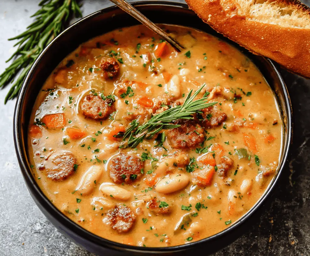 Creamy bean soup with sausage garnished with fresh herbs in a bowl, served with bread on the side
