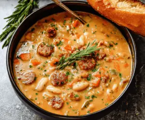 Creamy bean soup with sausage garnished with fresh herbs in a bowl, served with bread on the side