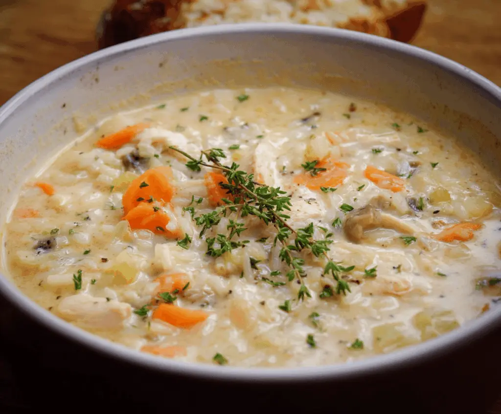 A steaming bowl of creamy chicken and rice soup garnished with fresh herbs, showcasing tender chicken, fluffy rice, and a rich, velvety broth.