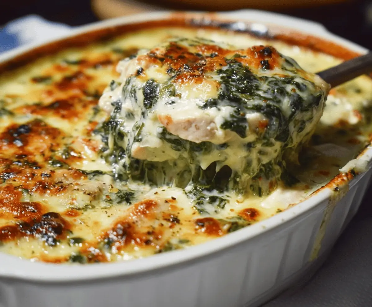 Creamy chicken and spinach casserole topped with melted cheese, served in a baking dish, featuring tender chicken, fresh spinach, and a cheesy sauce.