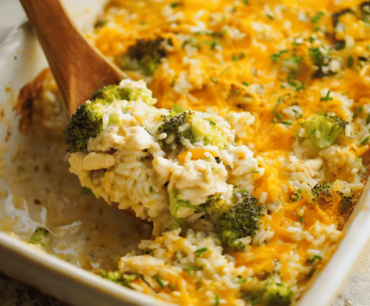 Creamy Chicken Broccoli Rice Cheese Casserole