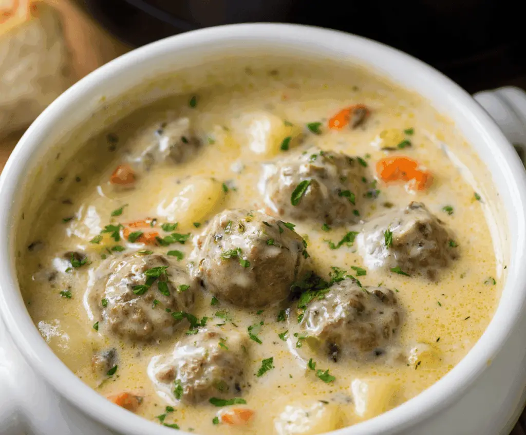 A steaming bowl of creamy meatball soup with tender meatballs, vegetables, and a rich, savory broth garnished with fresh herbs.