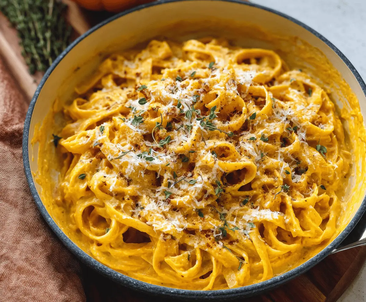 A bowl of creamy pumpkin pasta garnished with fresh herbs, featuring tender pasta coated in a rich pumpkin sauce, perfect for fall-inspired meals.