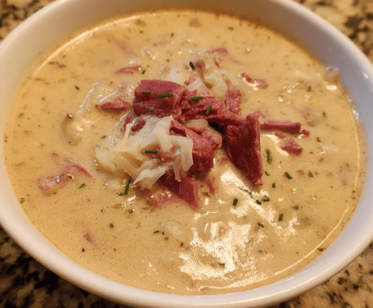 Creamy Reuben Soup in a bowl topped with melted cheese, corned beef, sauerkraut, and fresh herbs, served with crusty bread
