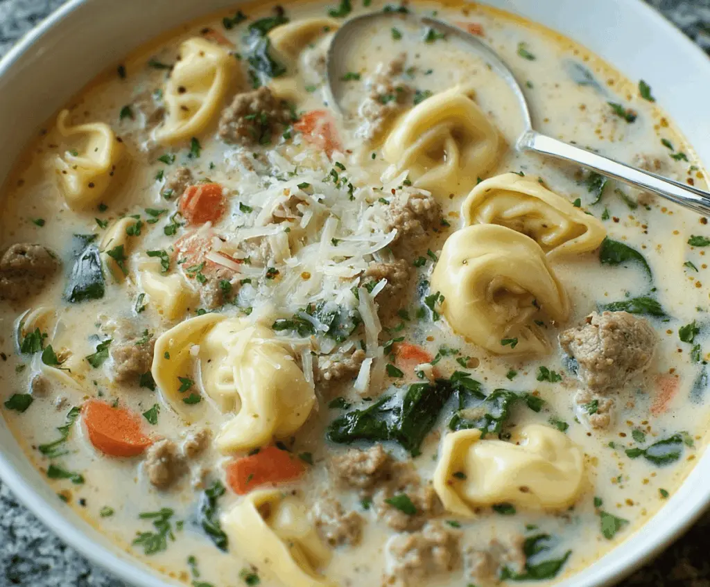 Creamy sausage tortellini soup garnished with fresh herbs in a bowl, featuring tender tortellini, sausage slices, and vibrant vegetables in a rich, creamy broth