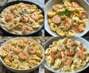 Creamy shrimp and tortellini Alfredo pasta dish topped with fresh herbs, showcasing a delicious seafood and cheese recipe perfect for dinner