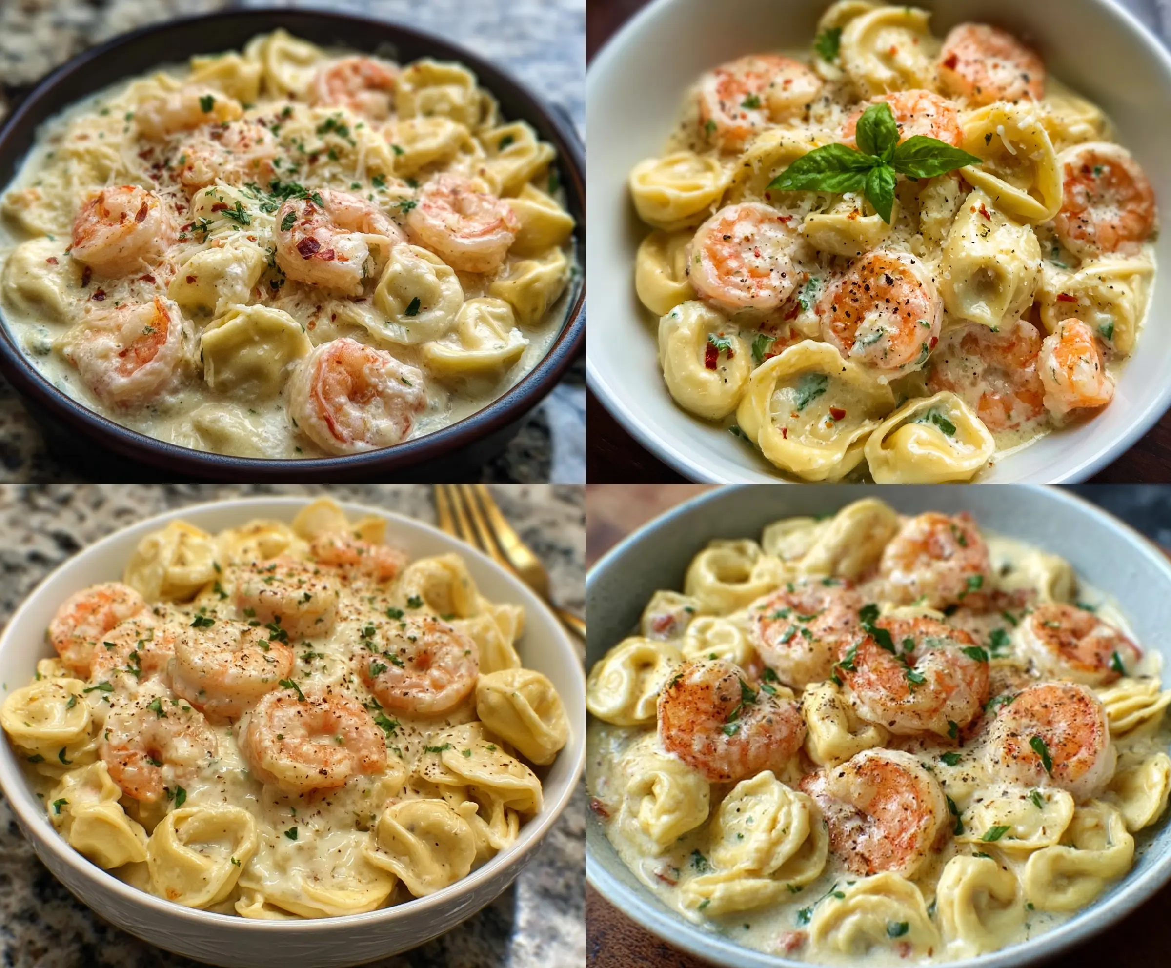 Creamy shrimp and tortellini Alfredo pasta dish topped with fresh herbs, showcasing a delicious seafood and cheese recipe perfect for dinner