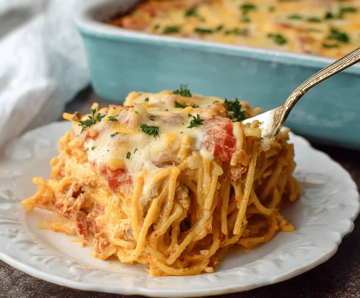 Creamy Southern Spaghetti Bake topped with melted cheese and fresh herbs, served in a baking dish.