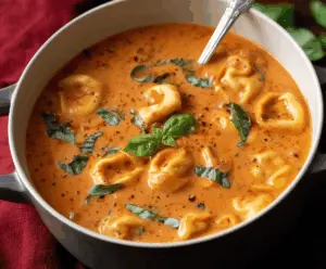 Creamy tomato basil tortellini soup in a bowl with fresh basil and grated cheese, served hot for a comforting meal